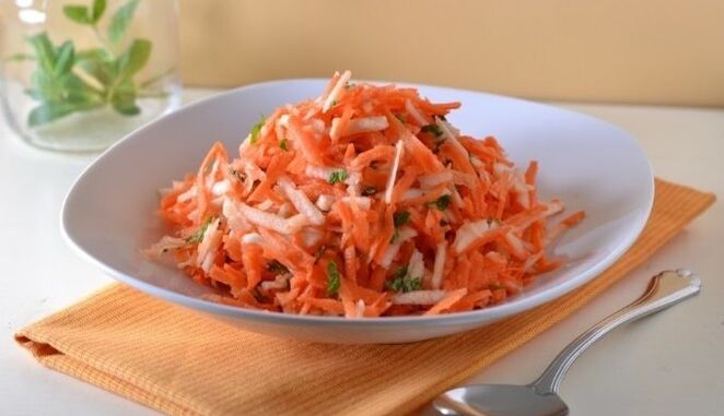 Salad wortel-apel diet bakal nyayogikeun awak jalma anu kaleungitan beurat sareng vitamin